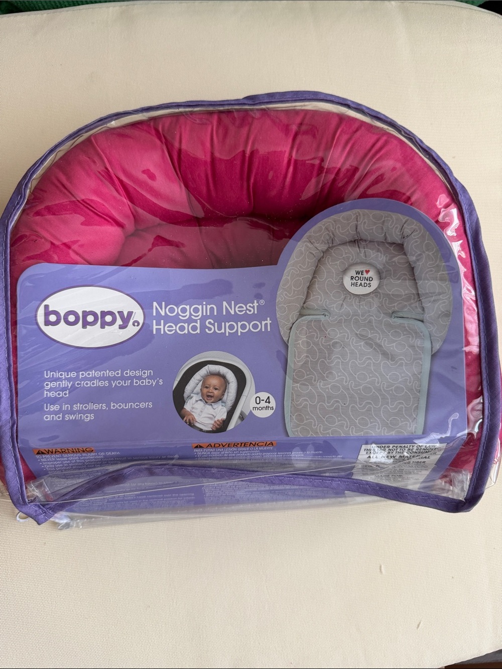 Boppy Pink Head Support with Purple Trim